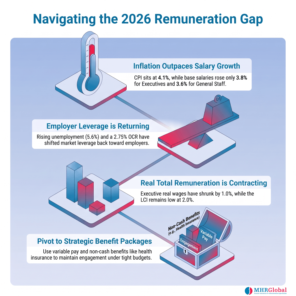 Infographic illustrating the 2026 remuneration gap, highlighting key economic factors such as inflation rates, employer leverage, contracting real wages, and the importance of strategic benefit packages.
